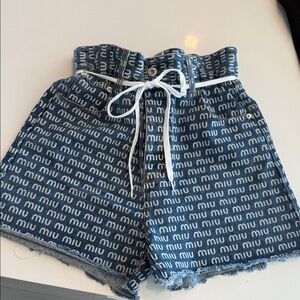 Miu Miu Navy and White Logo Denim Shorts
